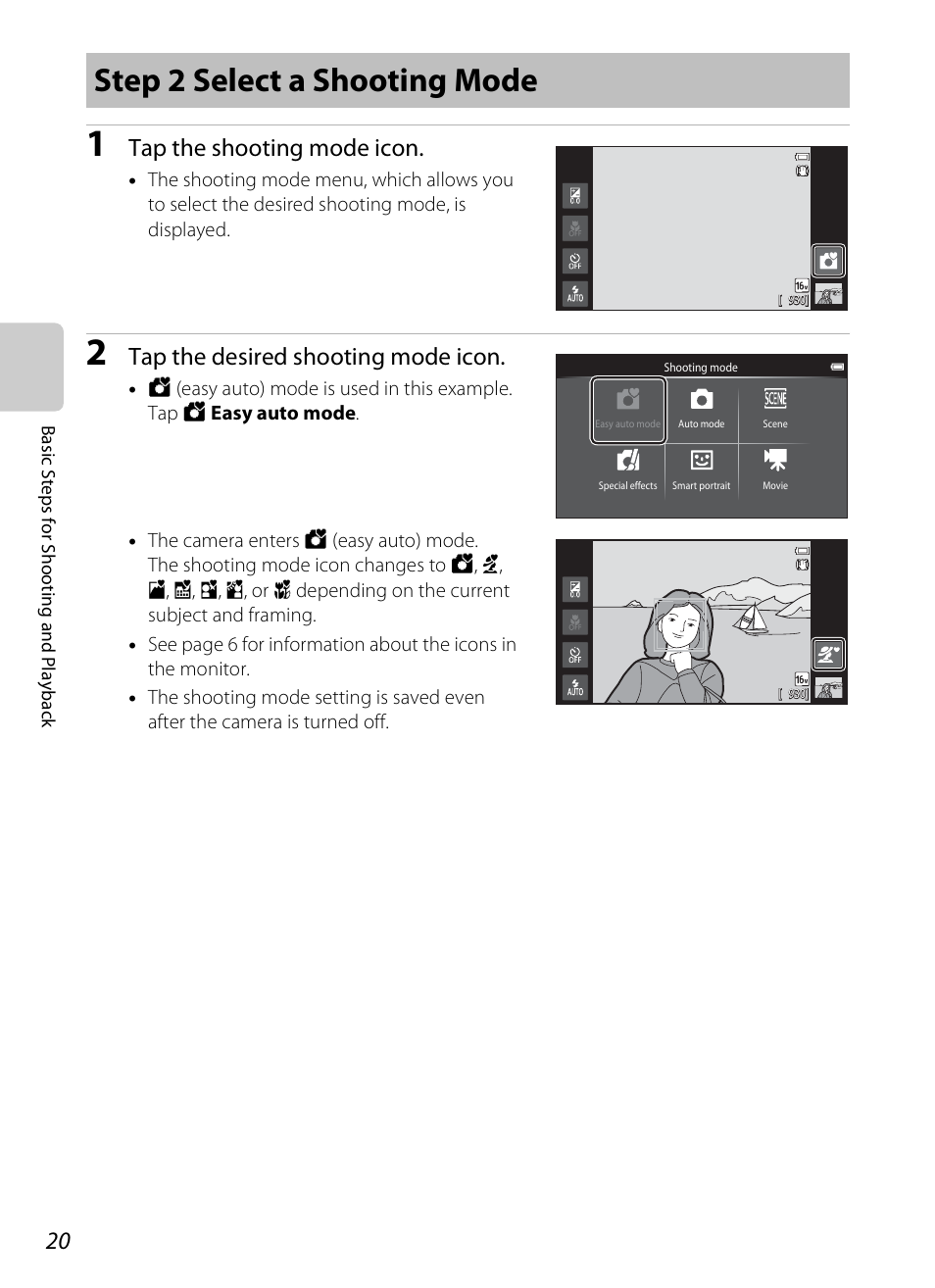 Step 2 select a shooting mode, Tap the shooting mode icon, Tap the desired shooting mode icon | Nikon S800c User Manual | Page 42 / 224