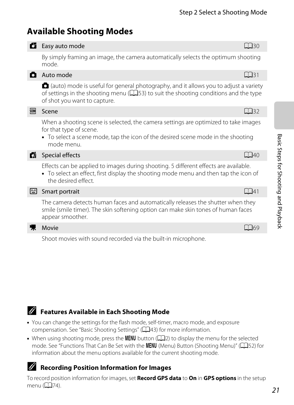 Available shooting modes | Nikon S800c User Manual | Page 43 / 224