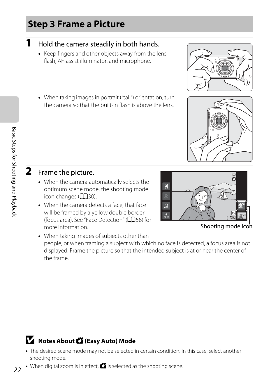 Step 3 frame a picture, Hold the camera steadily in both hands, Frame the picture | Nikon S800c User Manual | Page 44 / 224