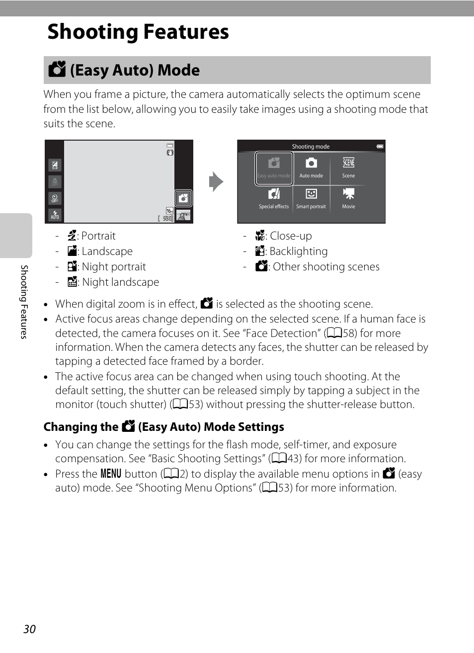 Shooting features, Easy auto mode, G (easy auto) mode | Changing the g (easy auto) mode settings | Nikon S800c User Manual | Page 52 / 224