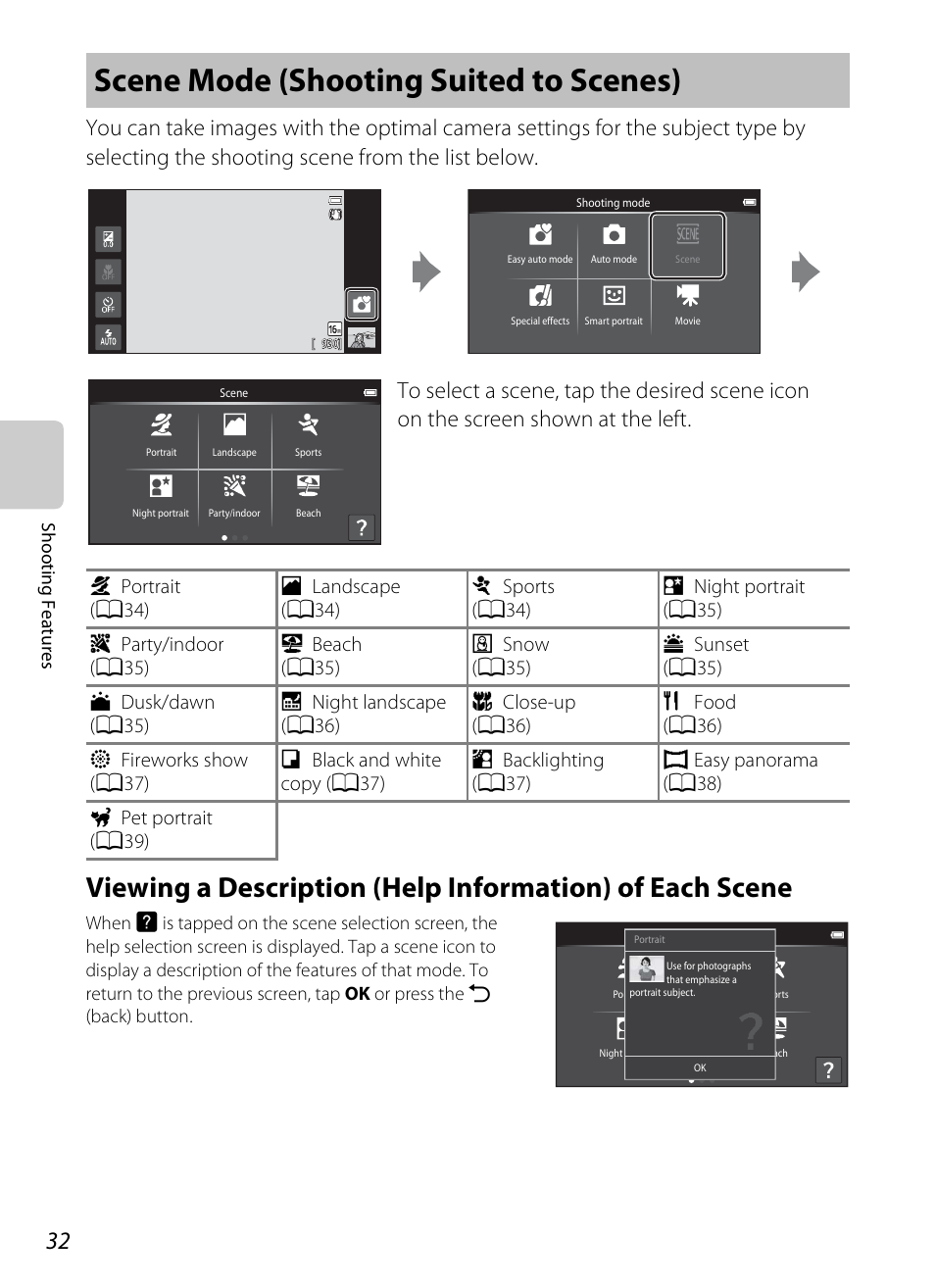 Scene mode (shooting suited to scenes) | Nikon S800c User Manual | Page 54 / 224