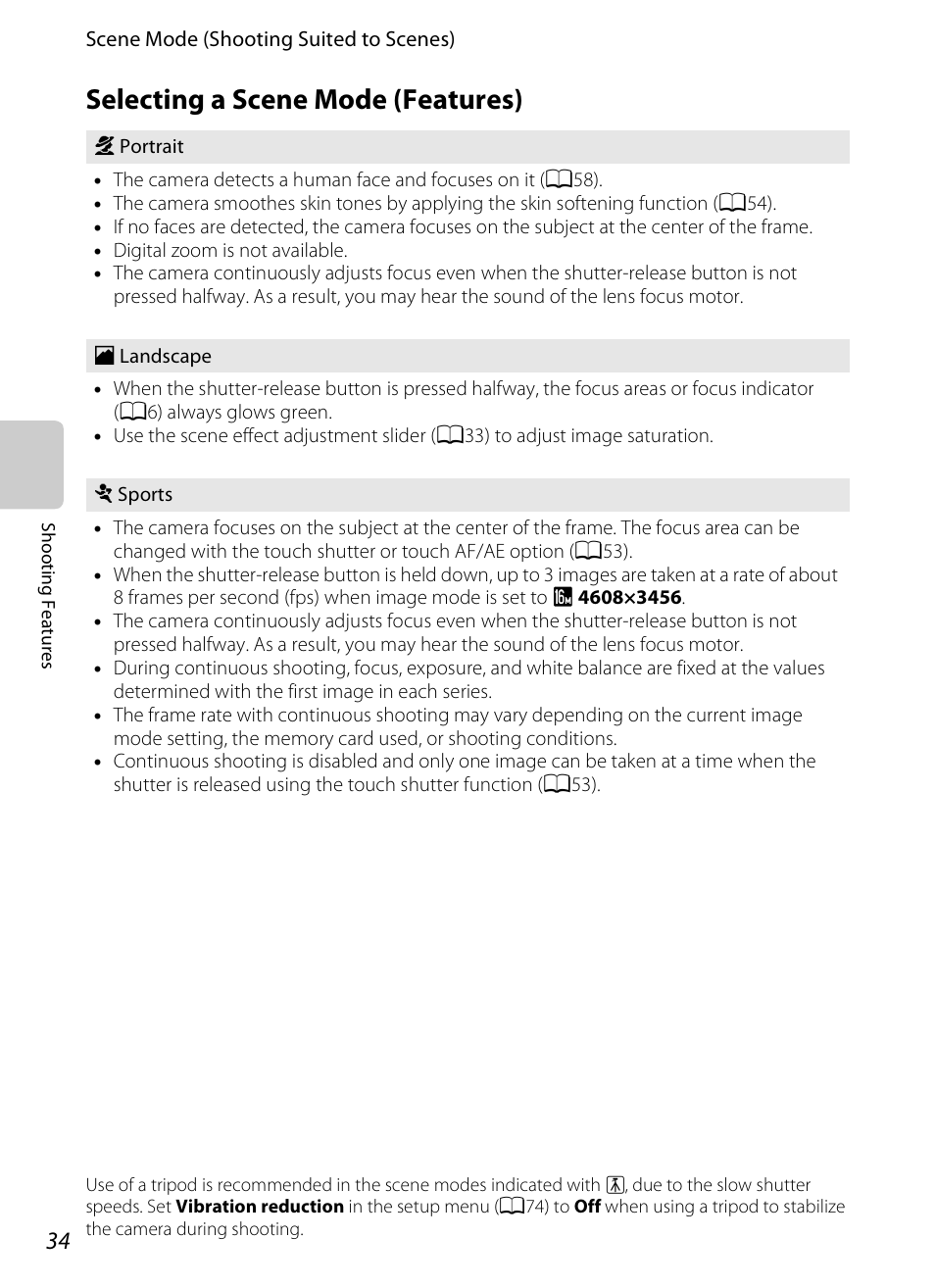 Selecting a scene mode (features), A34) | Nikon S800c User Manual | Page 56 / 224