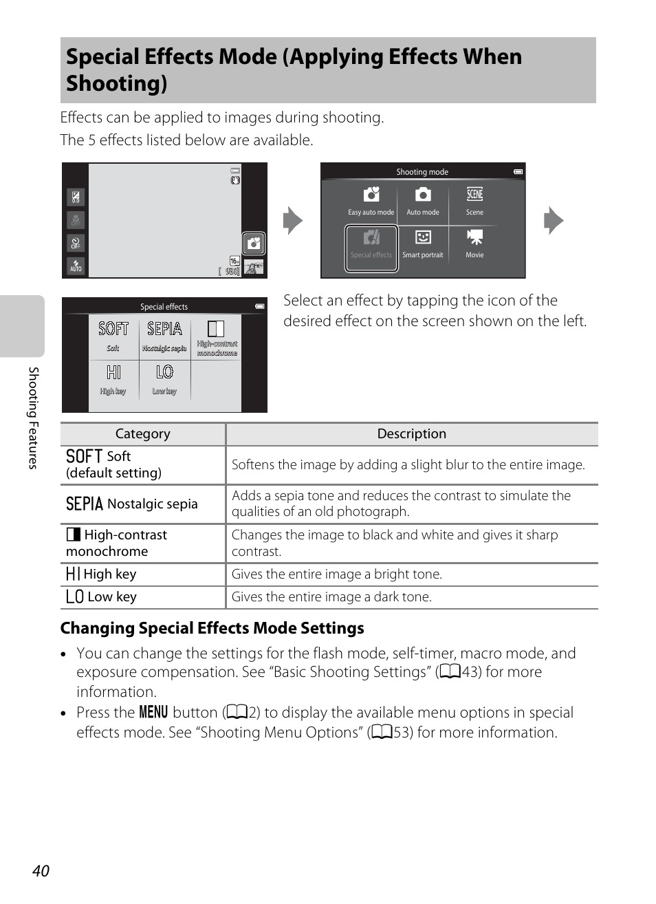 Changing special effects mode settings | Nikon S800c User Manual | Page 62 / 224