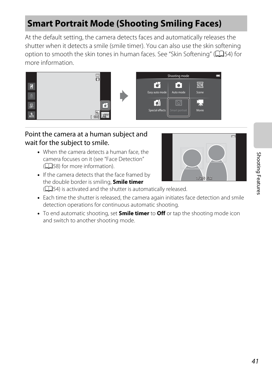 Smart portrait mode (shooting smiling faces) | Nikon S800c User Manual | Page 63 / 224