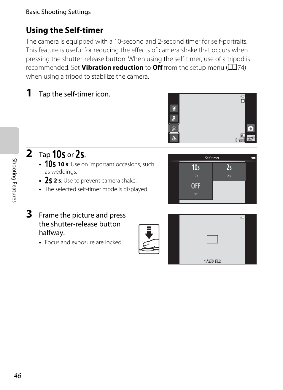 Using the self-timer, A46), Tap the self-timer icon | Tap y or z | Nikon S800c User Manual | Page 68 / 224