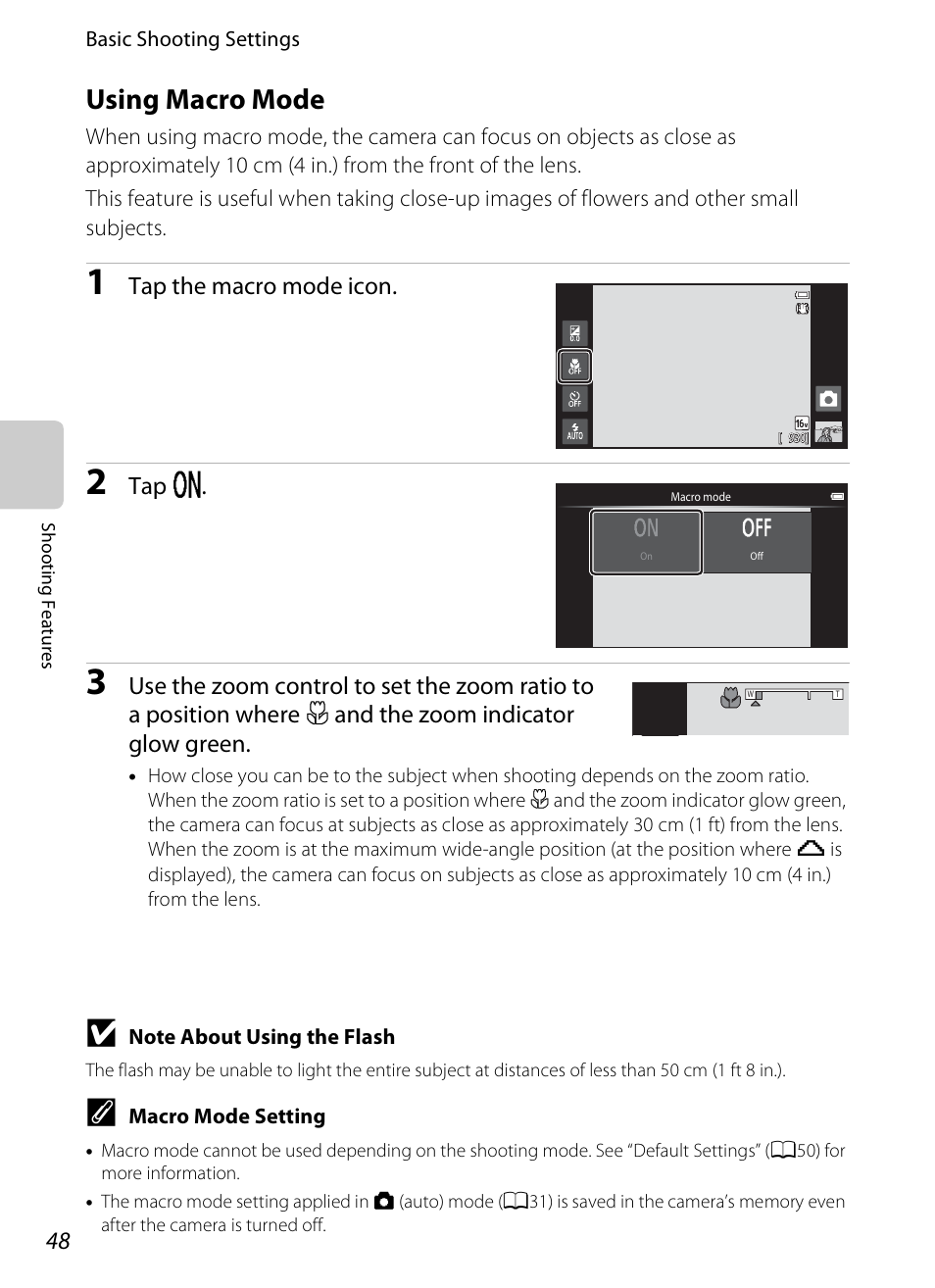 Using macro mode, A48) w, A48) | Tap the macro mode icon, Tap o | Nikon S800c User Manual | Page 70 / 224