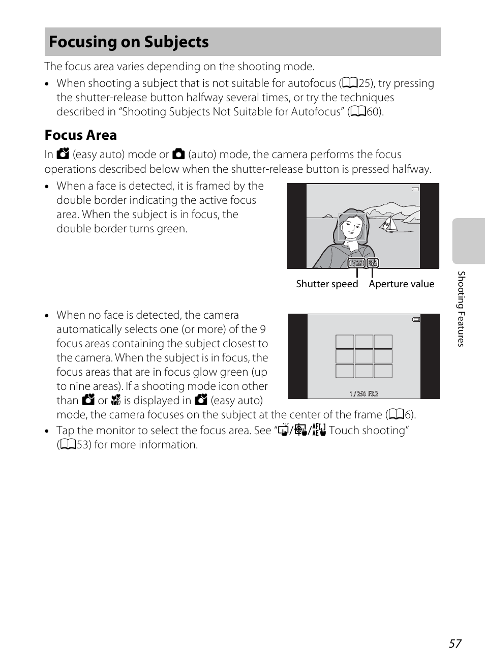 Focusing on subjects, Focus area, A57) fo | Nikon S800c User Manual | Page 79 / 224