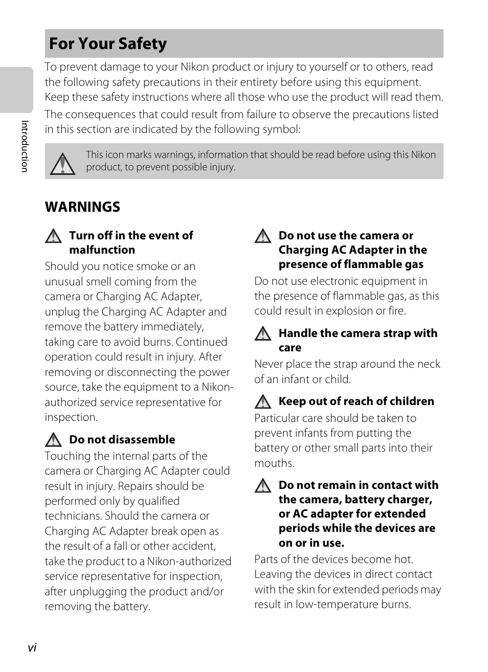 For your safety, Warnings | Nikon S800c User Manual | Page 8 / 224