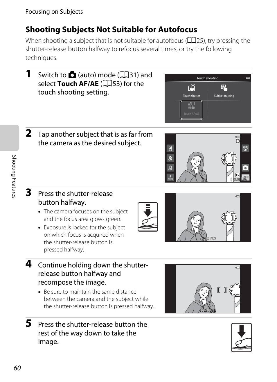 Shooting subjects not suitable for autofocus, A60), Press the shutter-release button halfway | Nikon S800c User Manual | Page 82 / 224