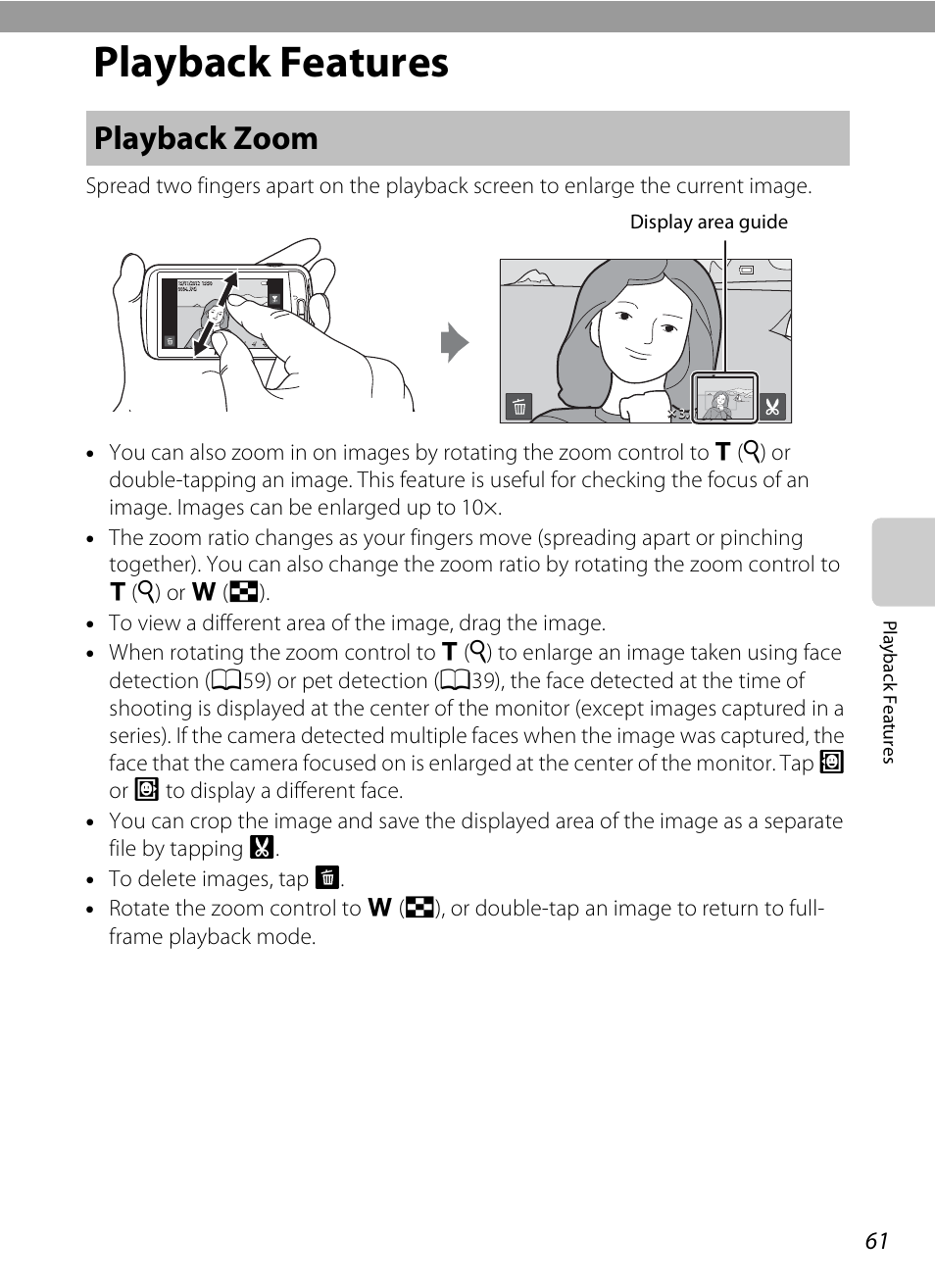 Playback features, Playback zoom, A61) | See “playback zoom” (a61) for m | Nikon S800c User Manual | Page 83 / 224