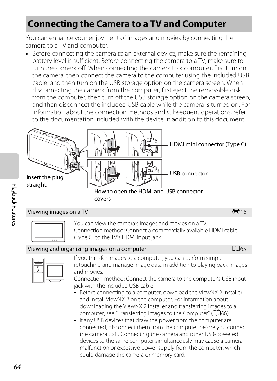 Connecting the camera to a tv and computer | Nikon S800c User Manual | Page 86 / 224