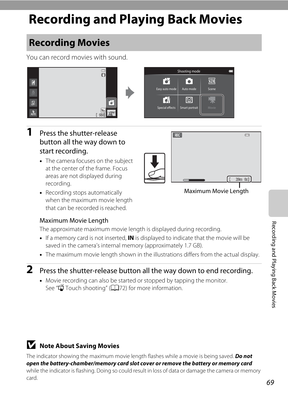 Recording and playing back movies, Recording movies, A69) | Nikon S800c User Manual | Page 91 / 224