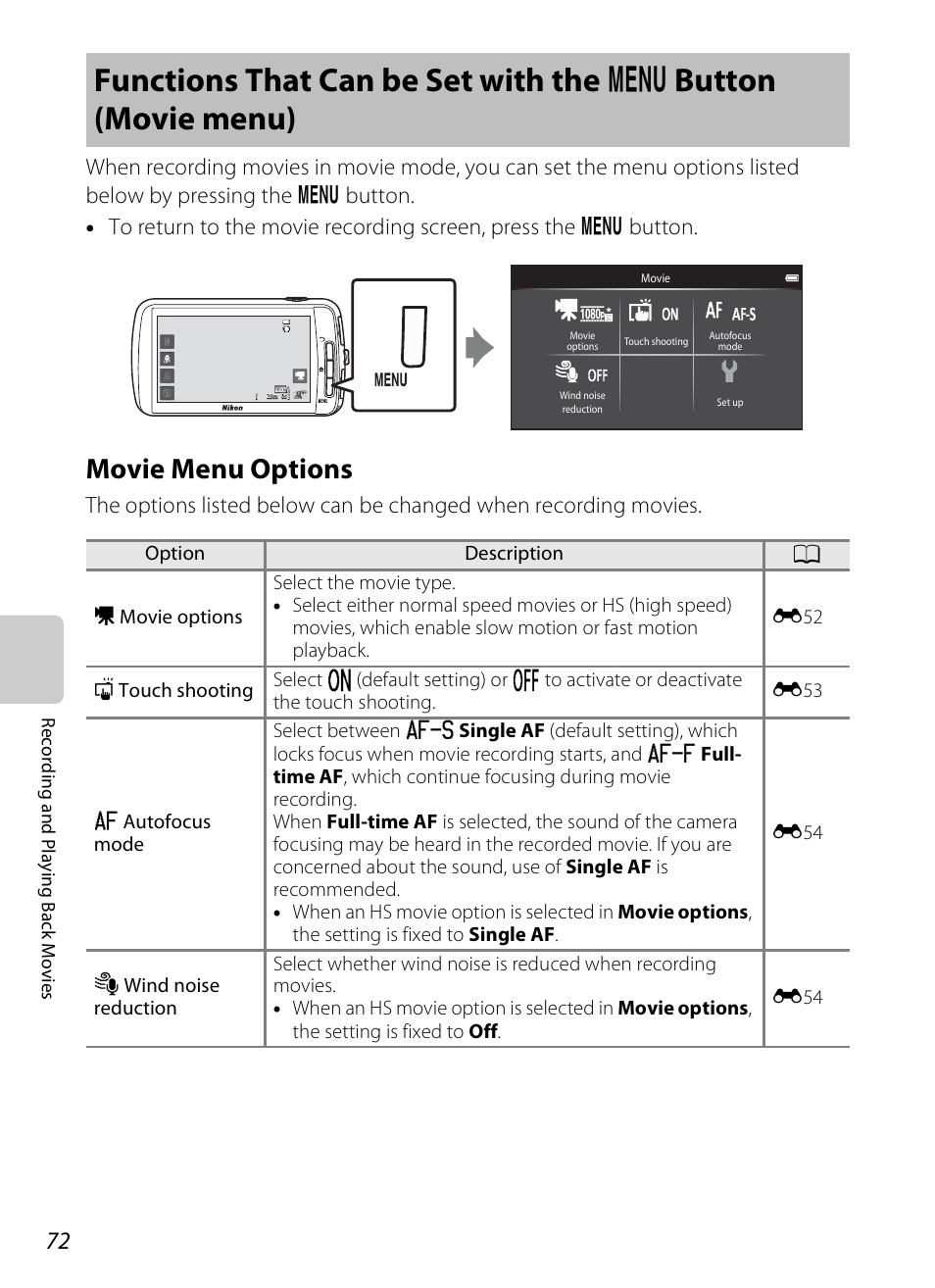 Movie menu options, E “movie menu options, A72) fo | A72) | Nikon S800c User Manual | Page 94 / 224