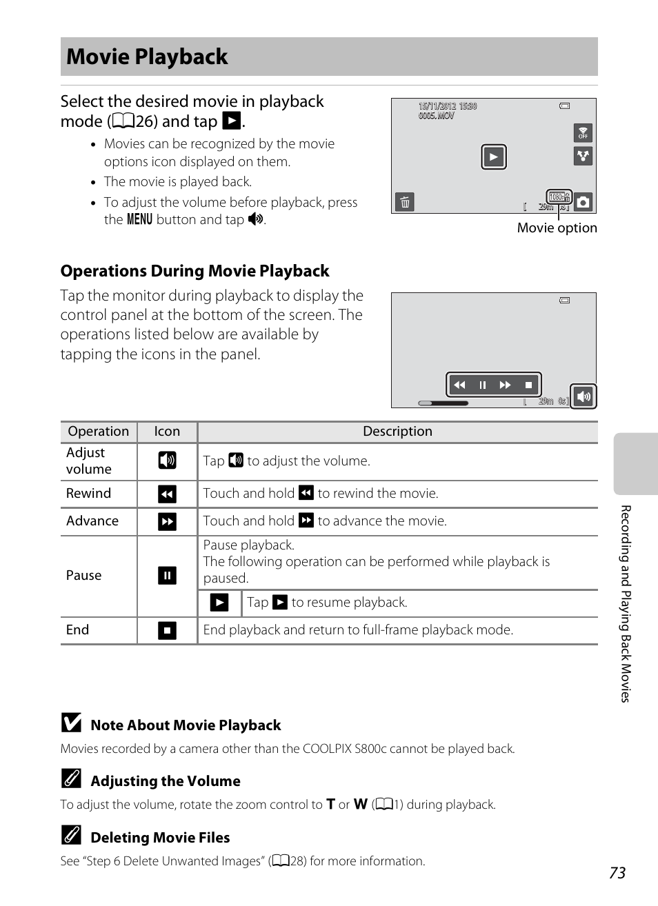 Movie playback, Operations during movie playback | Nikon S800c User Manual | Page 95 / 224