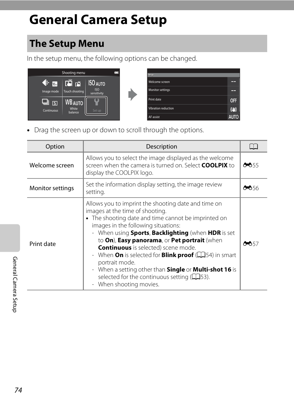 General camera setup, The setup menu, A74) | Nu (a74, A74) t | Nikon S800c User Manual | Page 96 / 224