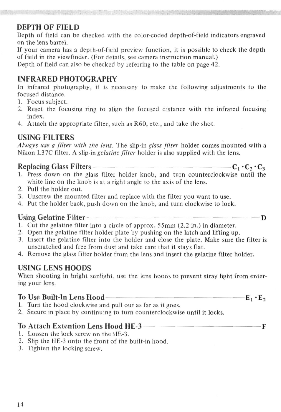 Depth of field, Infrared photography, Using filters | C]-cj'ca, Using lens hoods, To use built-in lens hood, To attach extention lens hood he-3 | Nikon NIKKOR ED 400mm f-2.8 IF User Manual | Page 14 / 44