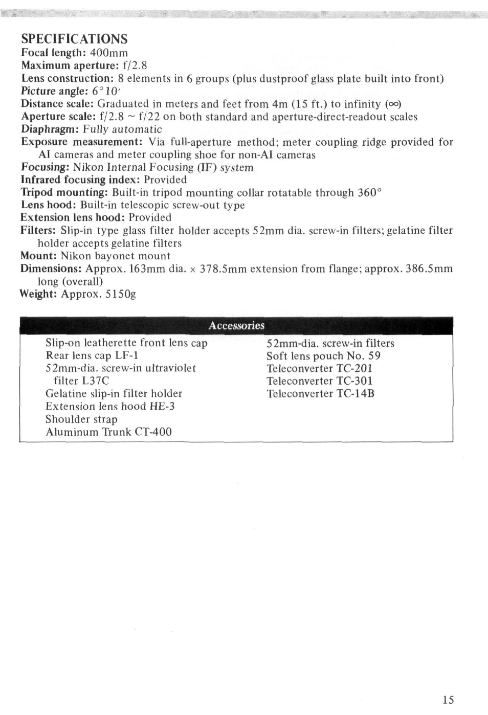 Specifications | Nikon NIKKOR ED 400mm f-2.8 IF User Manual | Page 15 / 44