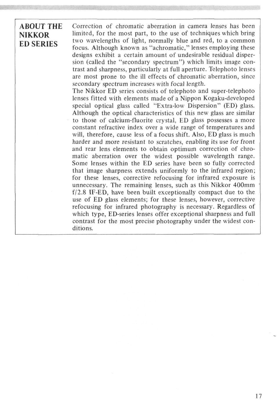 About the nikkor ed series | Nikon NIKKOR ED 400mm f-2.8 IF User Manual | Page 17 / 44