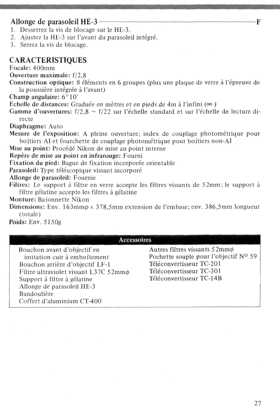 Allonge de parasoleil he-3 f, Caracteristiques | Nikon NIKKOR ED 400mm f-2.8 IF User Manual | Page 27 / 44