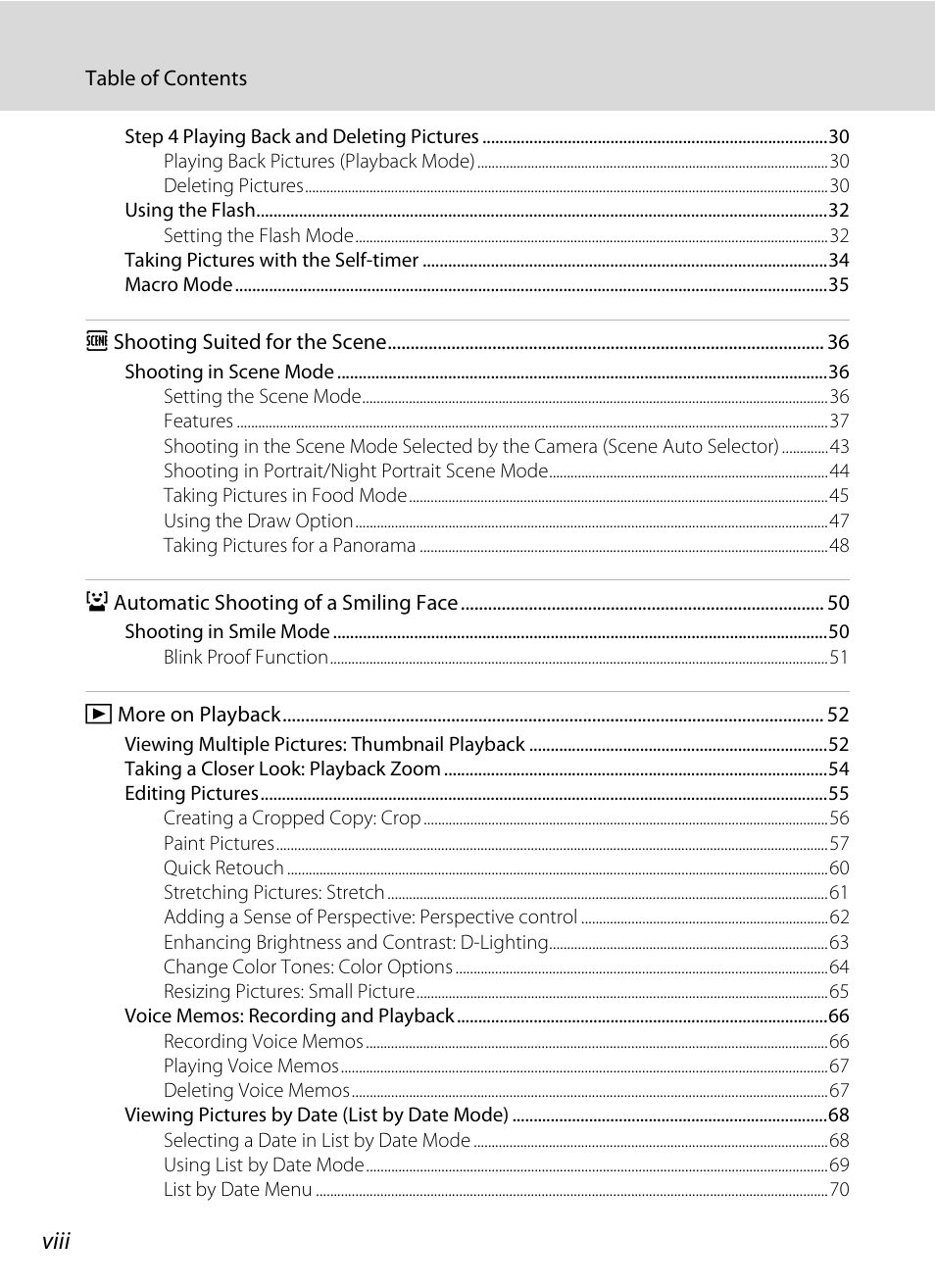 Viii | Nikon S230 User Manual | Page 10 / 180