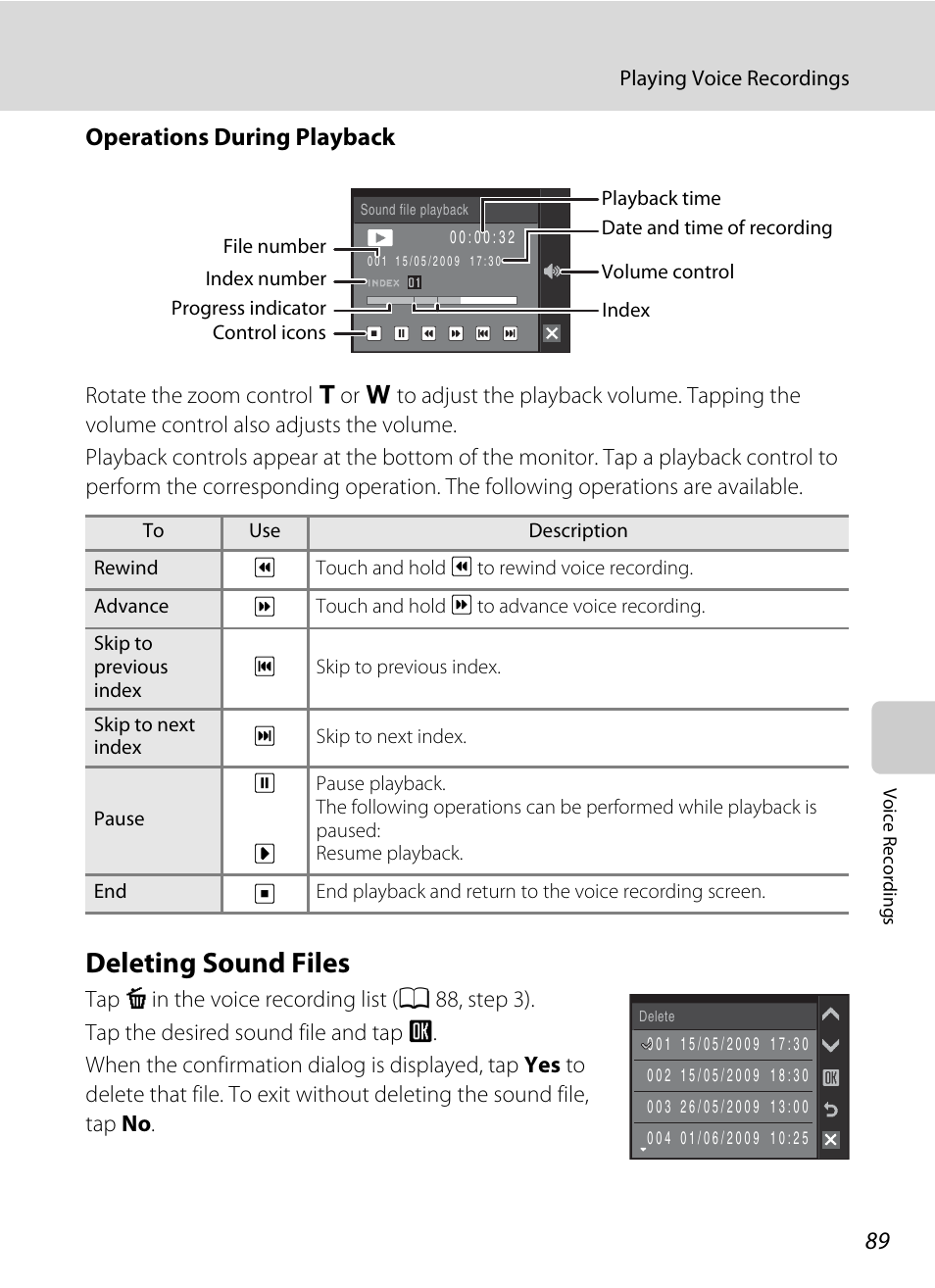 Deleting sound files, Operations during playback | Nikon S230 User Manual | Page 101 / 180