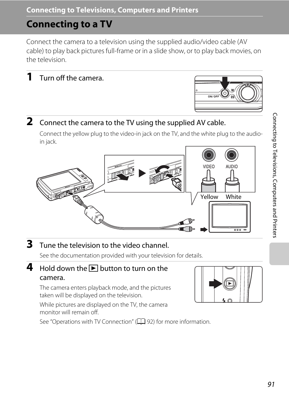 Connecting to televisions, computers and printers, Connecting to a tv | Nikon S230 User Manual | Page 103 / 180