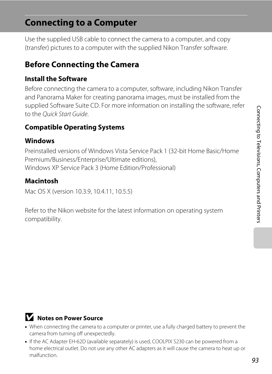Connecting to a computer, Before connecting the camera, A 93 | Nikon S230 User Manual | Page 105 / 180
