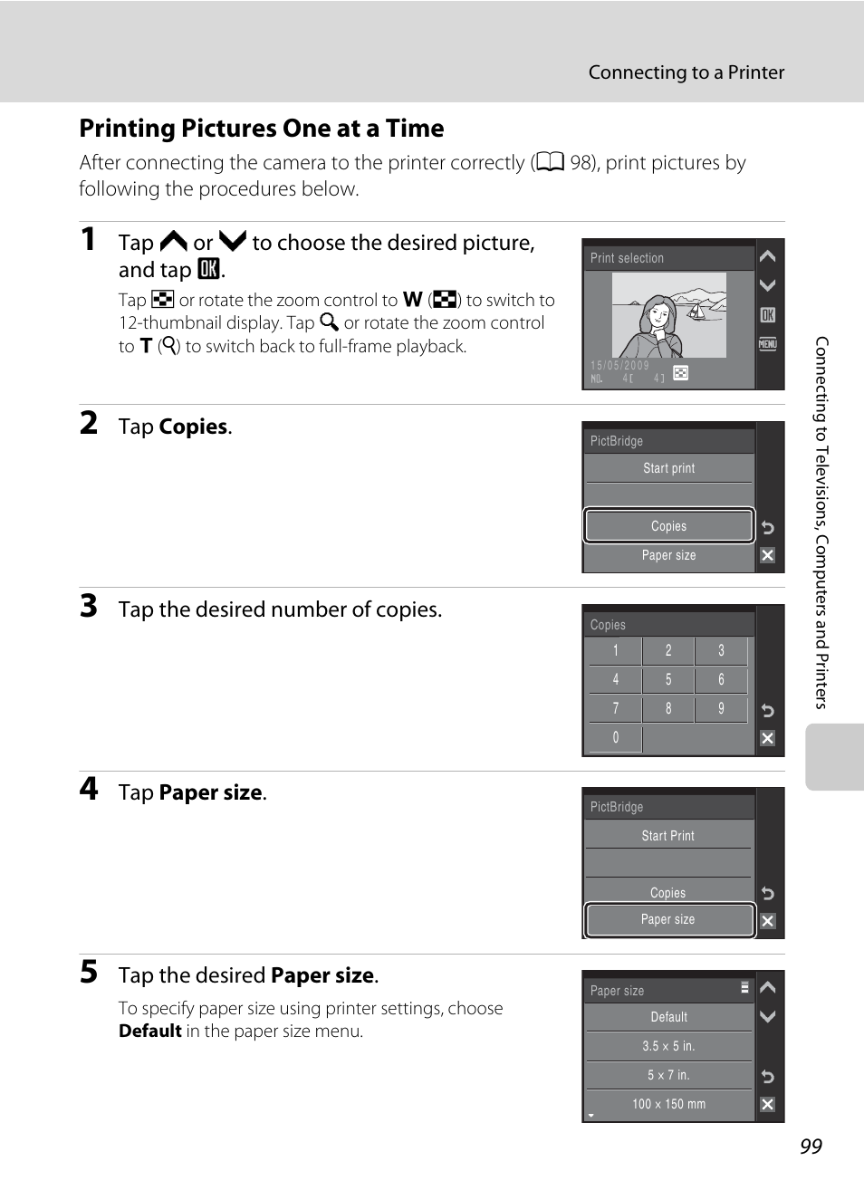 Printing pictures one at a time, A 99, Tap copies | Tap the desired number of copies, Tap paper size, Tap the desired paper size | Nikon S230 User Manual | Page 111 / 180