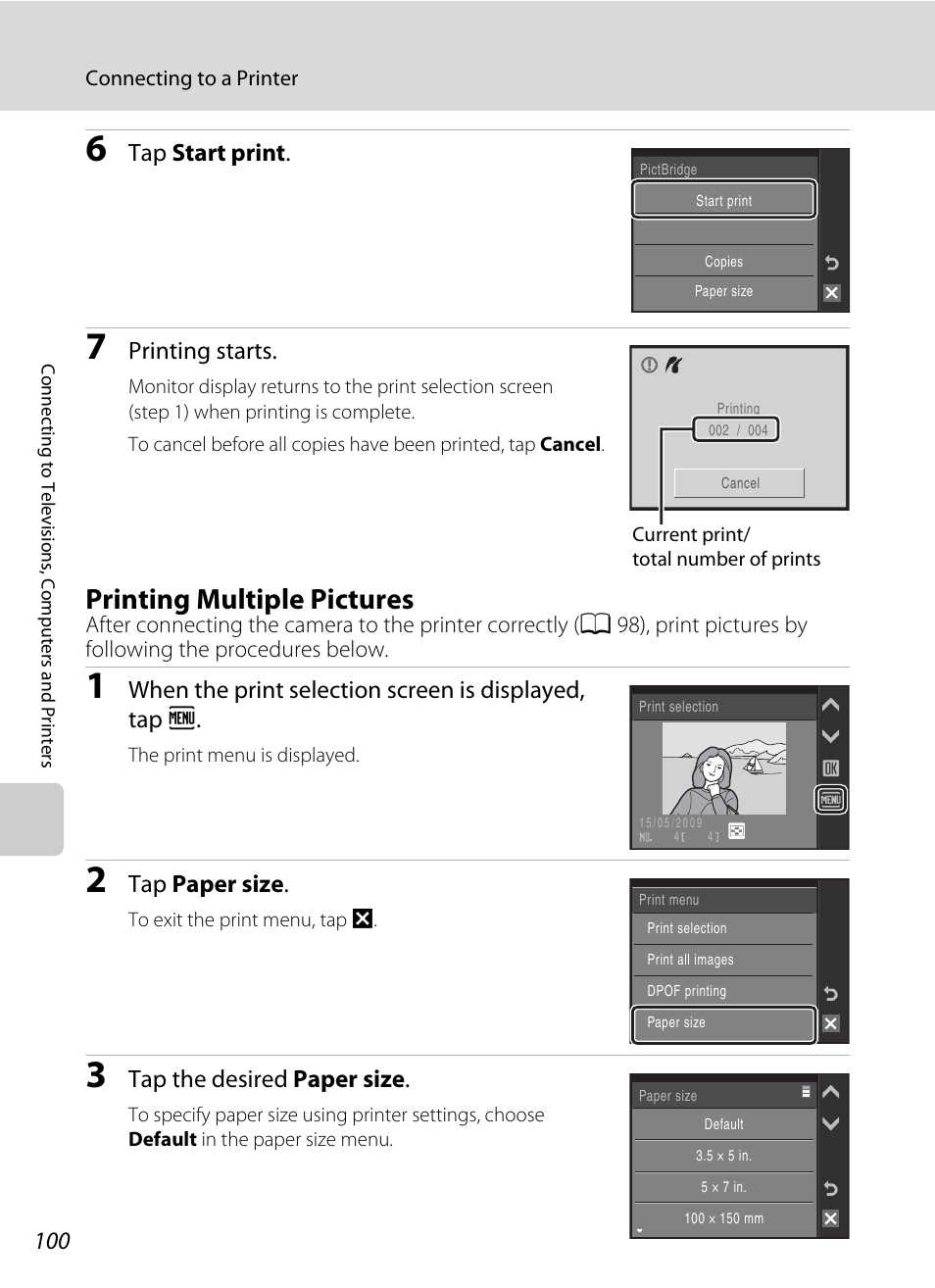 Printing multiple pictures, A 100), Tap start print | Printing starts, Tap paper size, Tap the desired paper size | Nikon S230 User Manual | Page 112 / 180