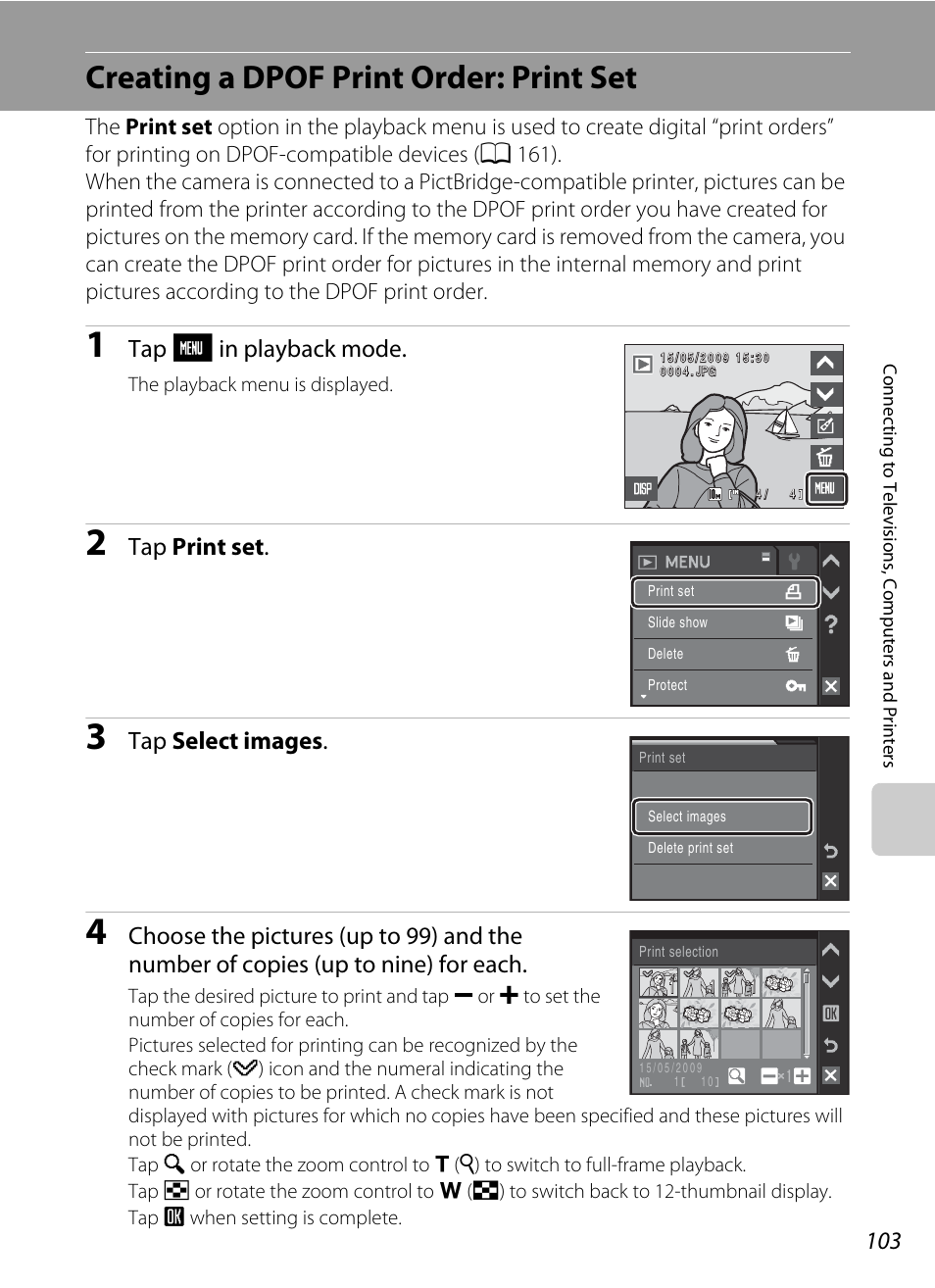 Creating a dpof print order: print set, A 103) and, A 103 | A 103), Tap f in playback mode, Tap print set, Tap select images | Nikon S230 User Manual | Page 115 / 180