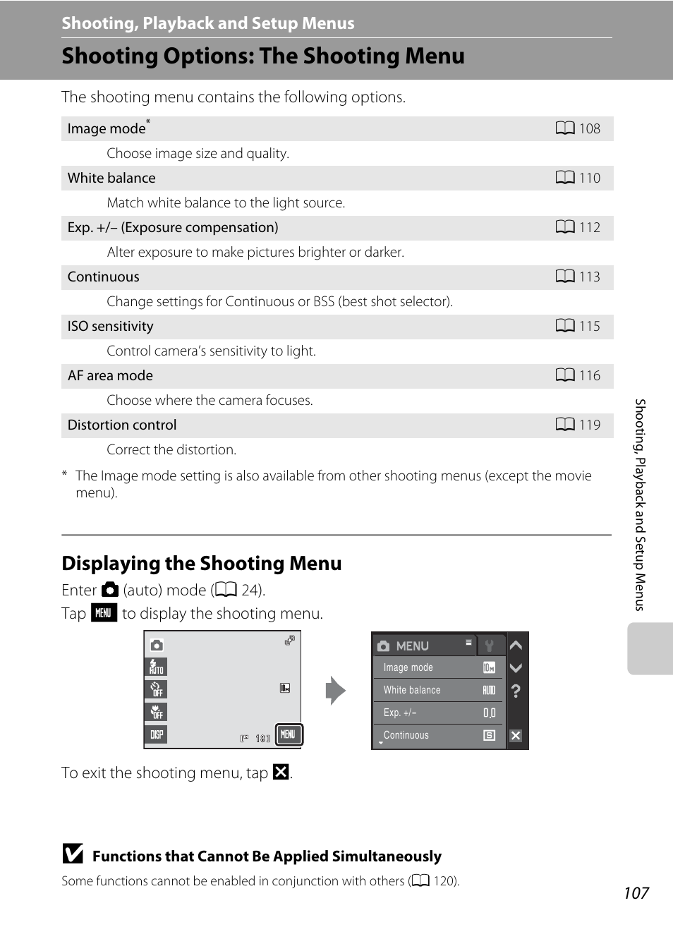 Shooting, playback and setup menus, Shooting options: the shooting menu, Displaying the shooting menu | D shooting, playback and setup menus, A 107) a, A 107) de | Nikon S230 User Manual | Page 119 / 180