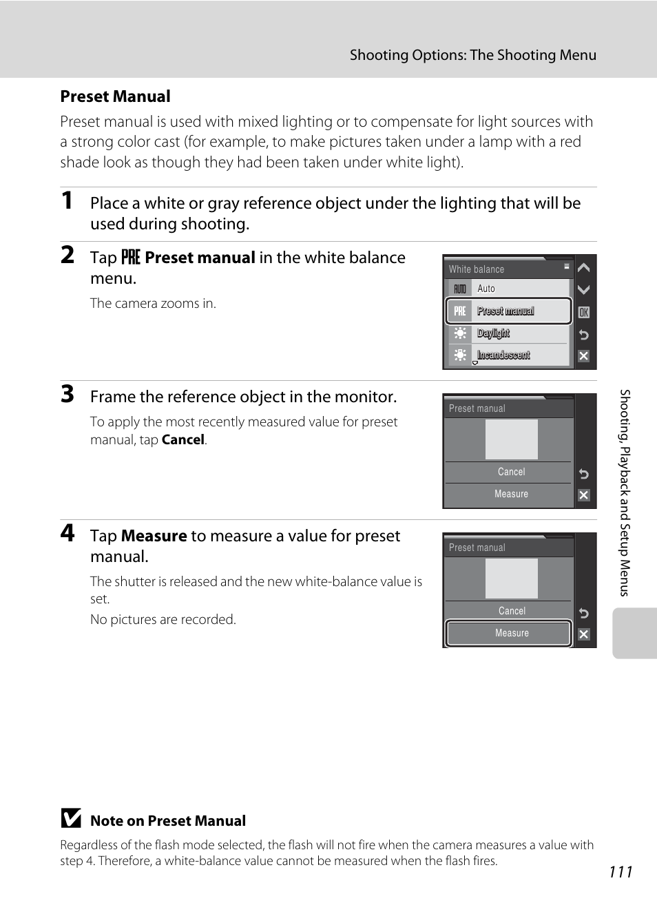 Preset manual” for more, A 111), Preset manual | Tap b preset manual in the white balance menu, Frame the reference object in the monitor, Tap measure to measure a value for preset manual | Nikon S230 User Manual | Page 123 / 180