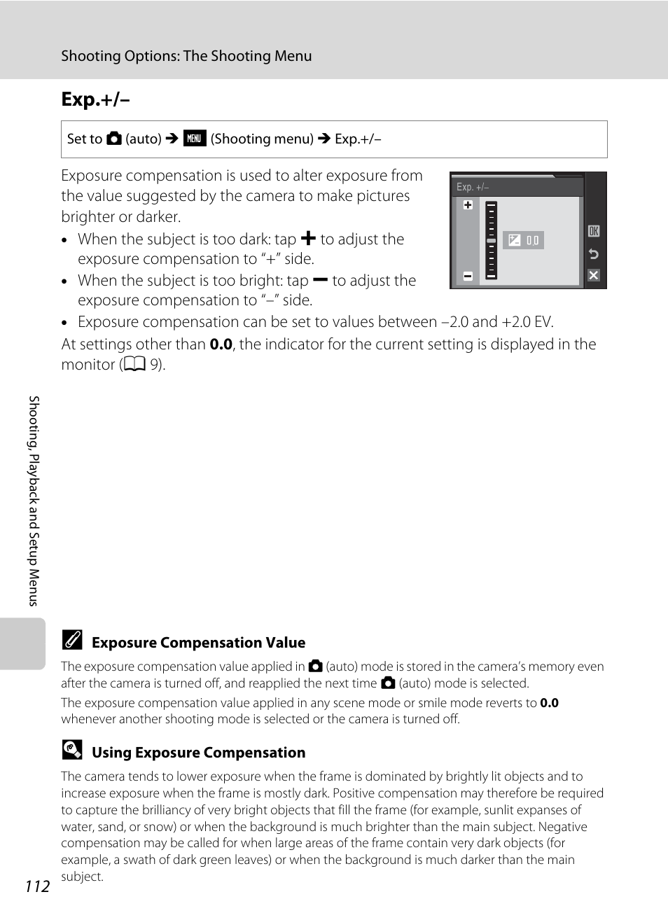 A 112), Ensation, A 112) options can be adjusted | A 112 | Nikon S230 User Manual | Page 124 / 180