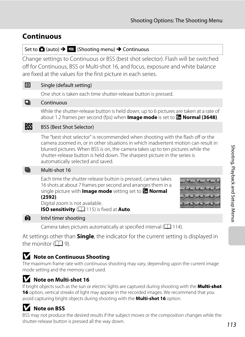 Continuous, T (a 113), A 113 | Nikon S230 User Manual | Page 125 / 180
