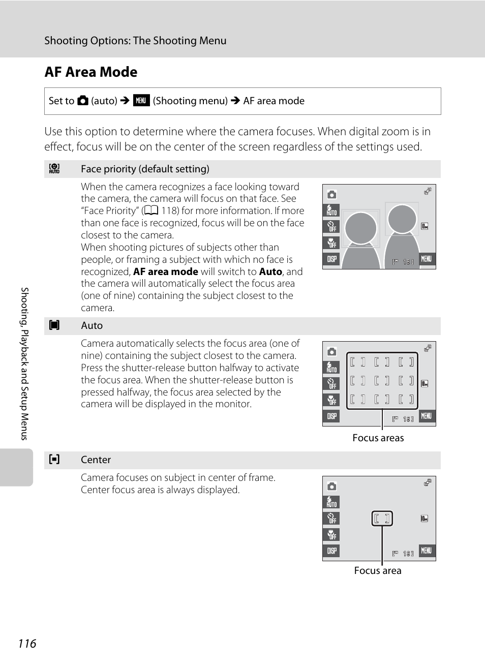 Af area mode, A 116), A 116 | Nikon S230 User Manual | Page 128 / 180
