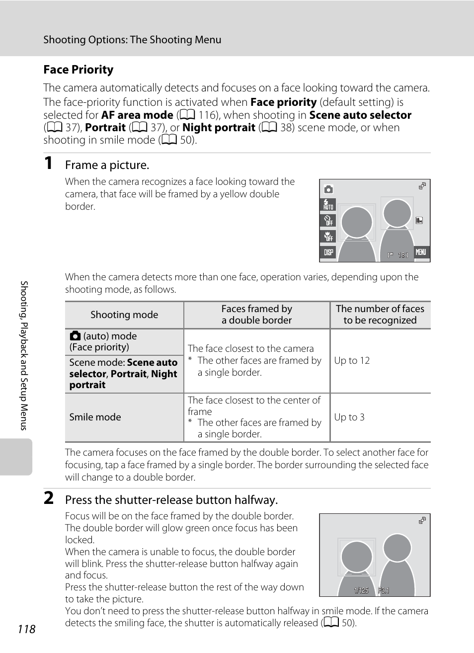 E “face priority, A 118, A 118) by rotating | A 118) in, Face priority, Frame a picture, Press the shutter-release button halfway | Nikon S230 User Manual | Page 130 / 180