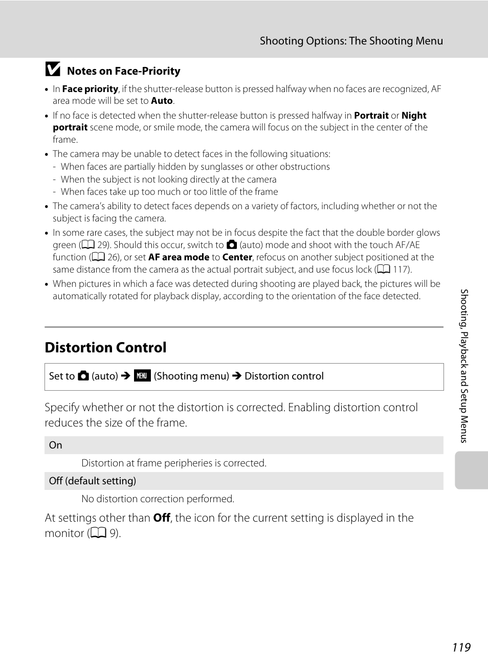 Distortion control, A 119 | Nikon S230 User Manual | Page 131 / 180