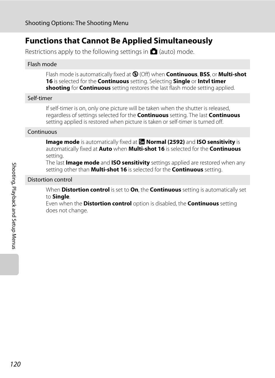 Functions that cannot be applied simultaneously, A 120) | Nikon S230 User Manual | Page 132 / 180