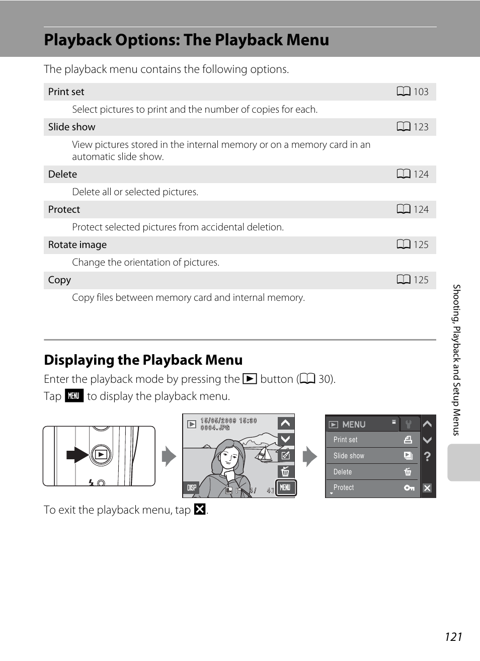 Playback options: the playback menu, Displaying the playback menu, A 121) | The playback menu contains the following options | Nikon S230 User Manual | Page 133 / 180