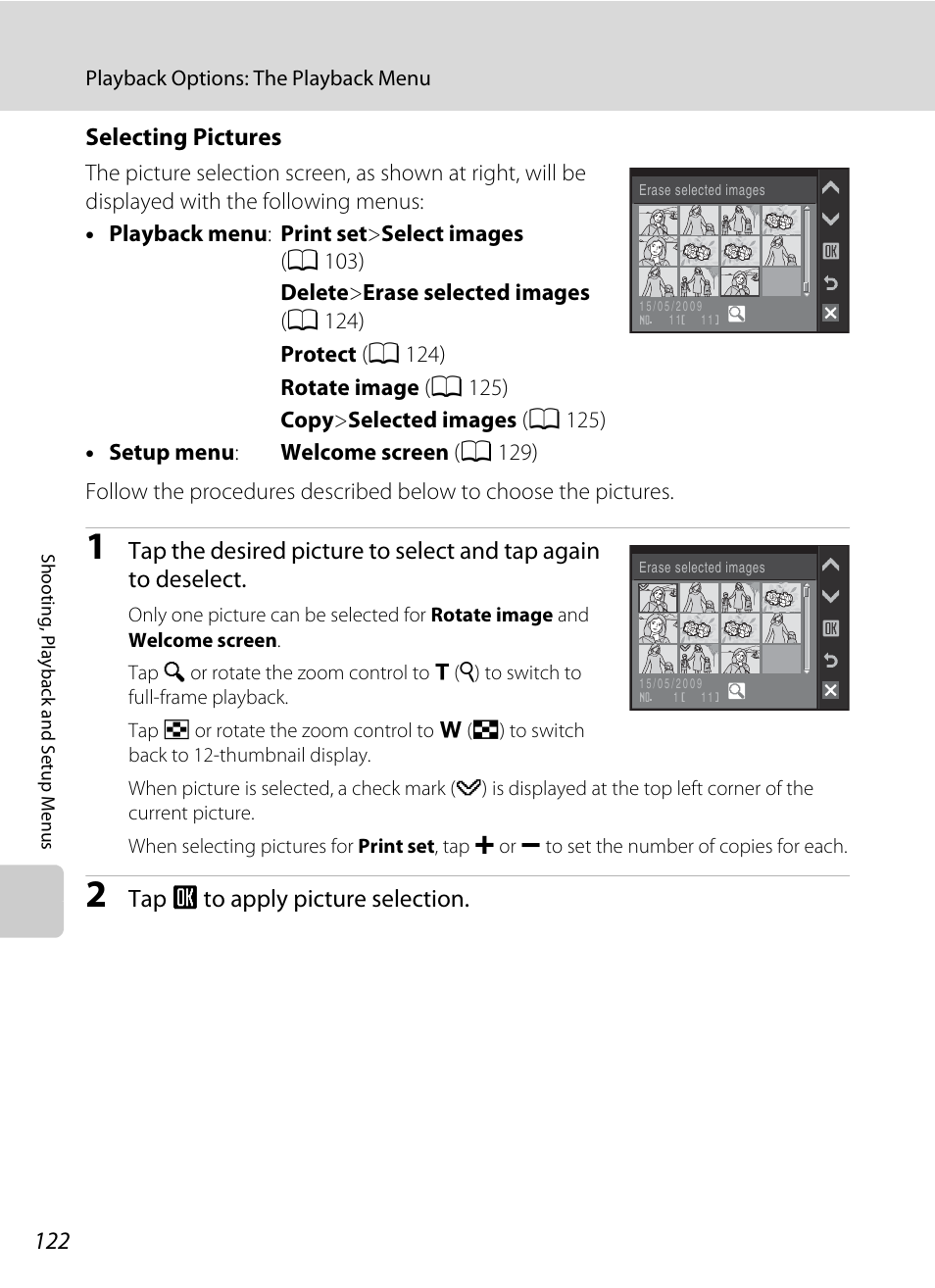 Selecting pictures, Tap g to apply picture selection | Nikon S230 User Manual | Page 134 / 180