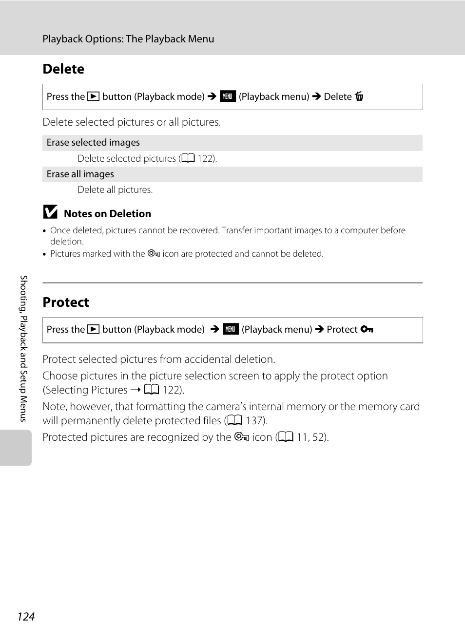 Delete, Protect, Delete protect | A 124), A 124, 124) du | Nikon S230 User Manual | Page 136 / 180