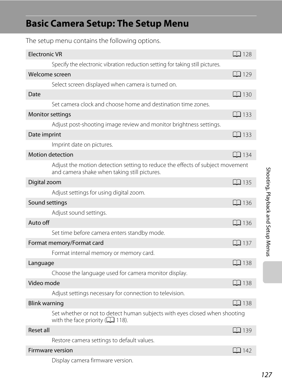 Basic camera setup: the setup menu, A 127), Nu (a 127) to | Nikon S230 User Manual | Page 139 / 180