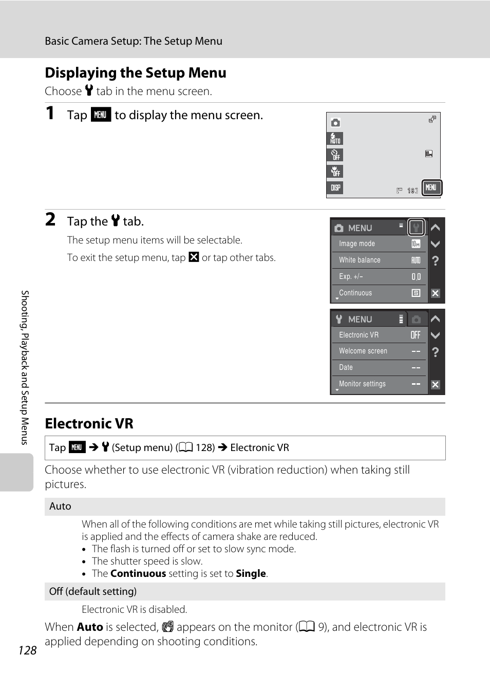 Displaying the setup menu, Electronic vr, Displaying the setup menu electronic vr | A 128) i, A 128, Tap f to display the menu screen, Tap the z tab | Nikon S230 User Manual | Page 140 / 180