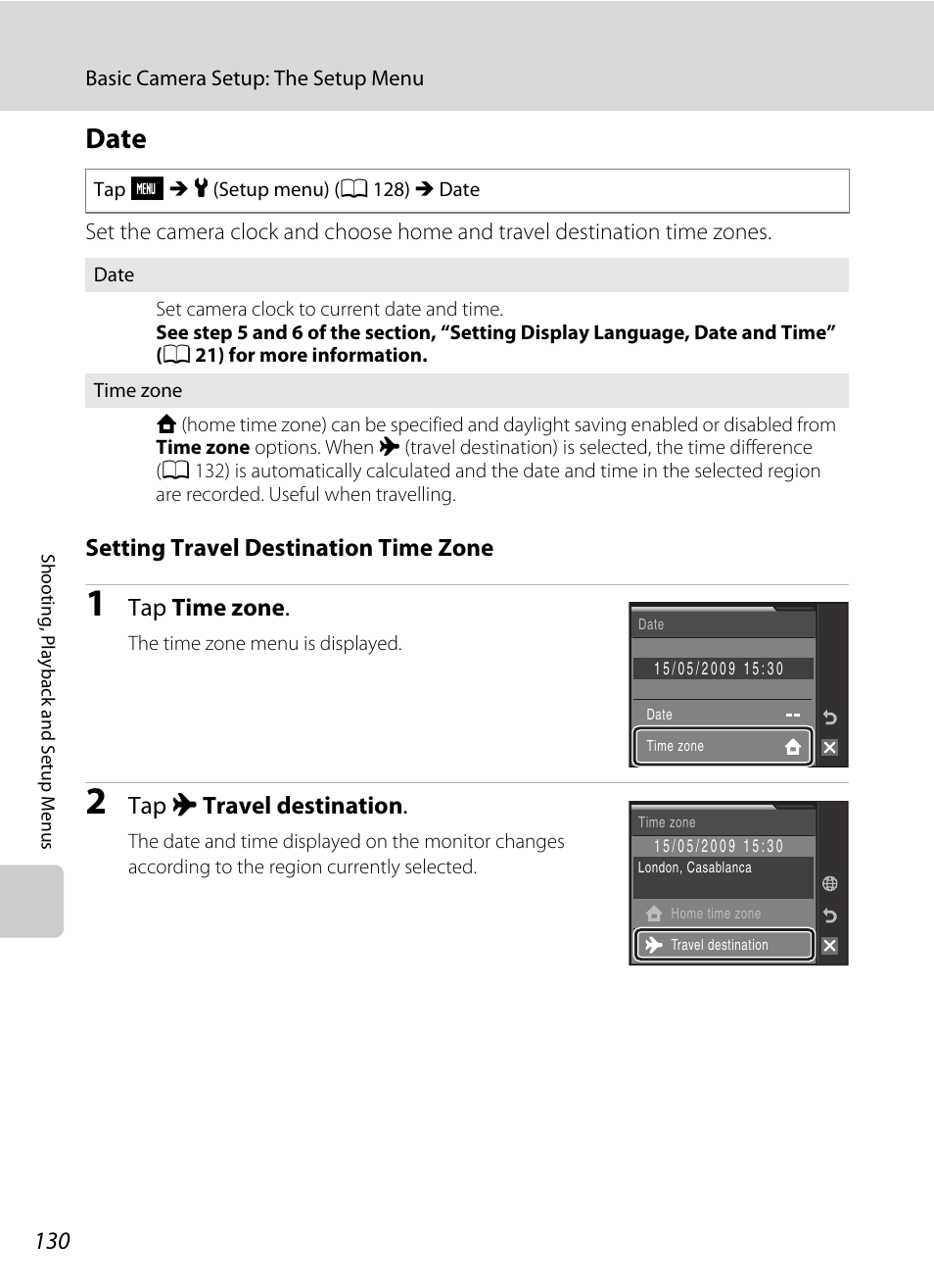 Date, A 130), A 130 | Setting travel destination time zone, Tap time zone, Tap x travel destination | Nikon S230 User Manual | Page 142 / 180