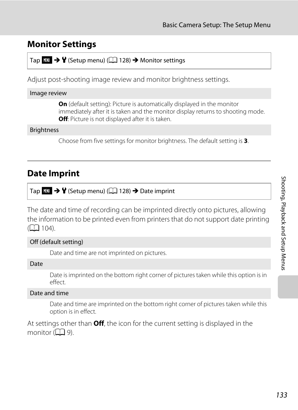 Monitor settings, Date imprint, Monitor settings date imprint | A 133, A 133) | Nikon S230 User Manual | Page 145 / 180