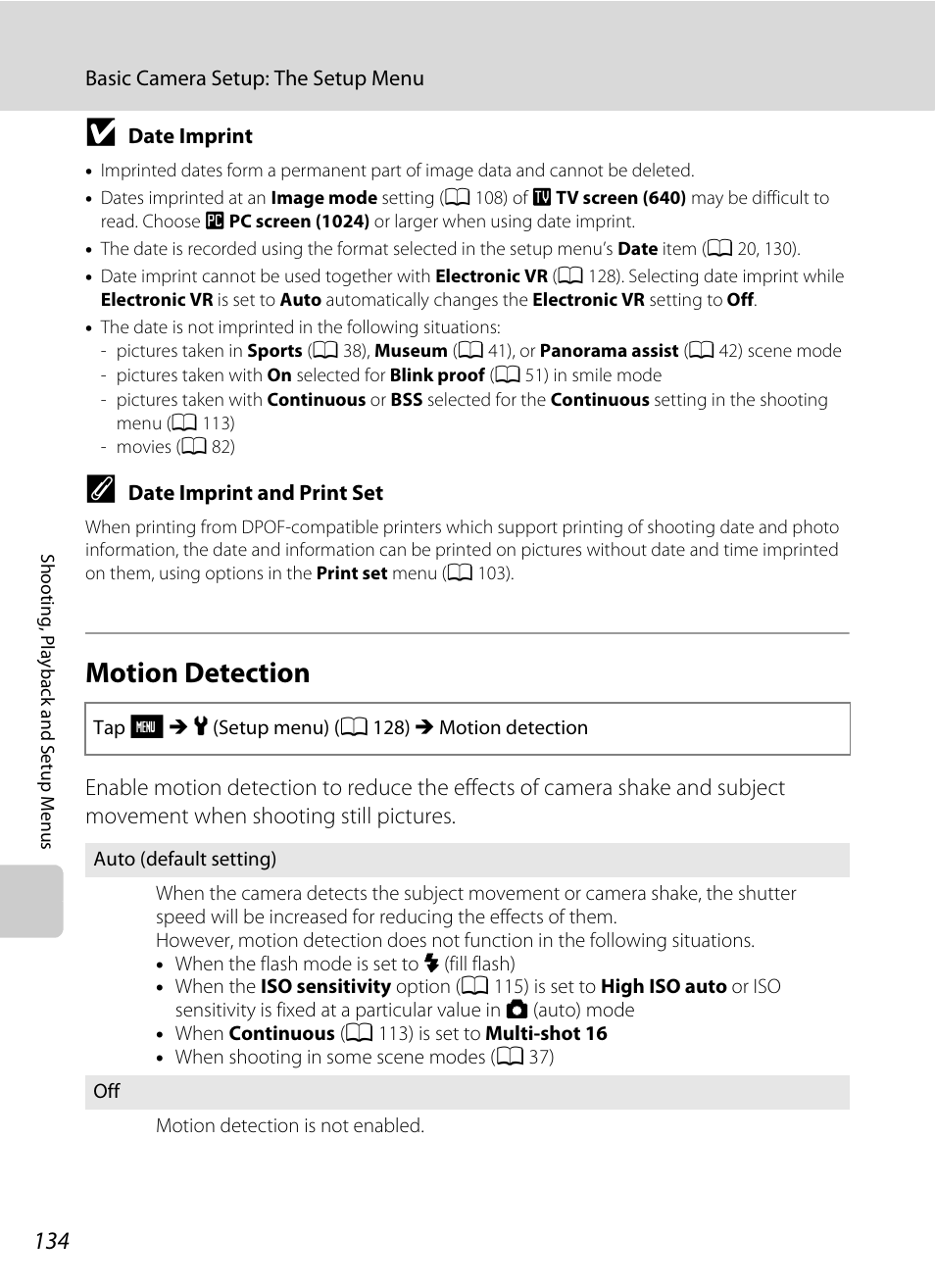 Motion detection, Option (a 134) in, A 134) does n | A 134) does, A 134), A 134 | Nikon S230 User Manual | Page 146 / 180