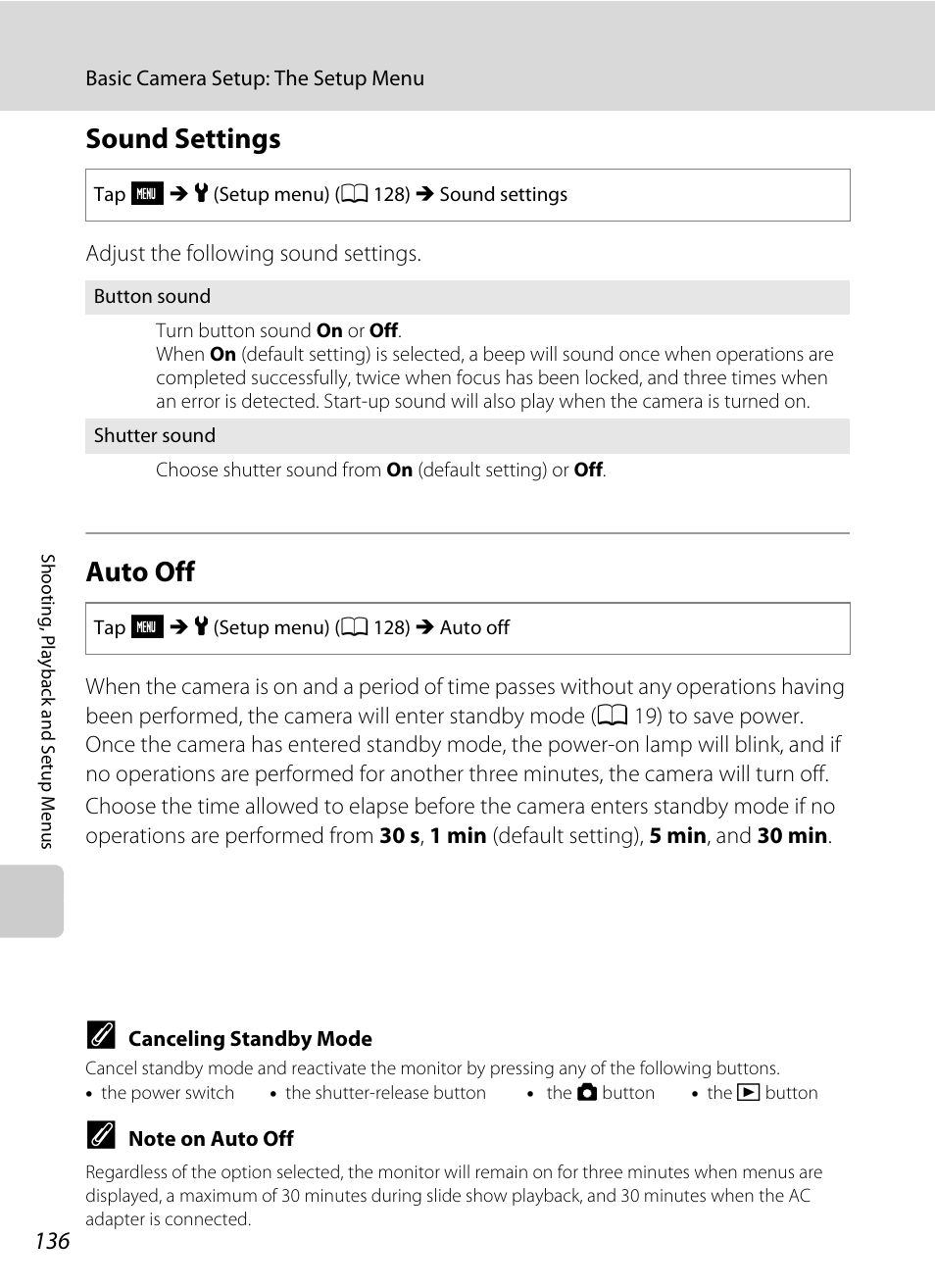 Sound settings, Auto off, Sound settings auto off | A 136, A 136), A 136) is activated and | Nikon S230 User Manual | Page 148 / 180