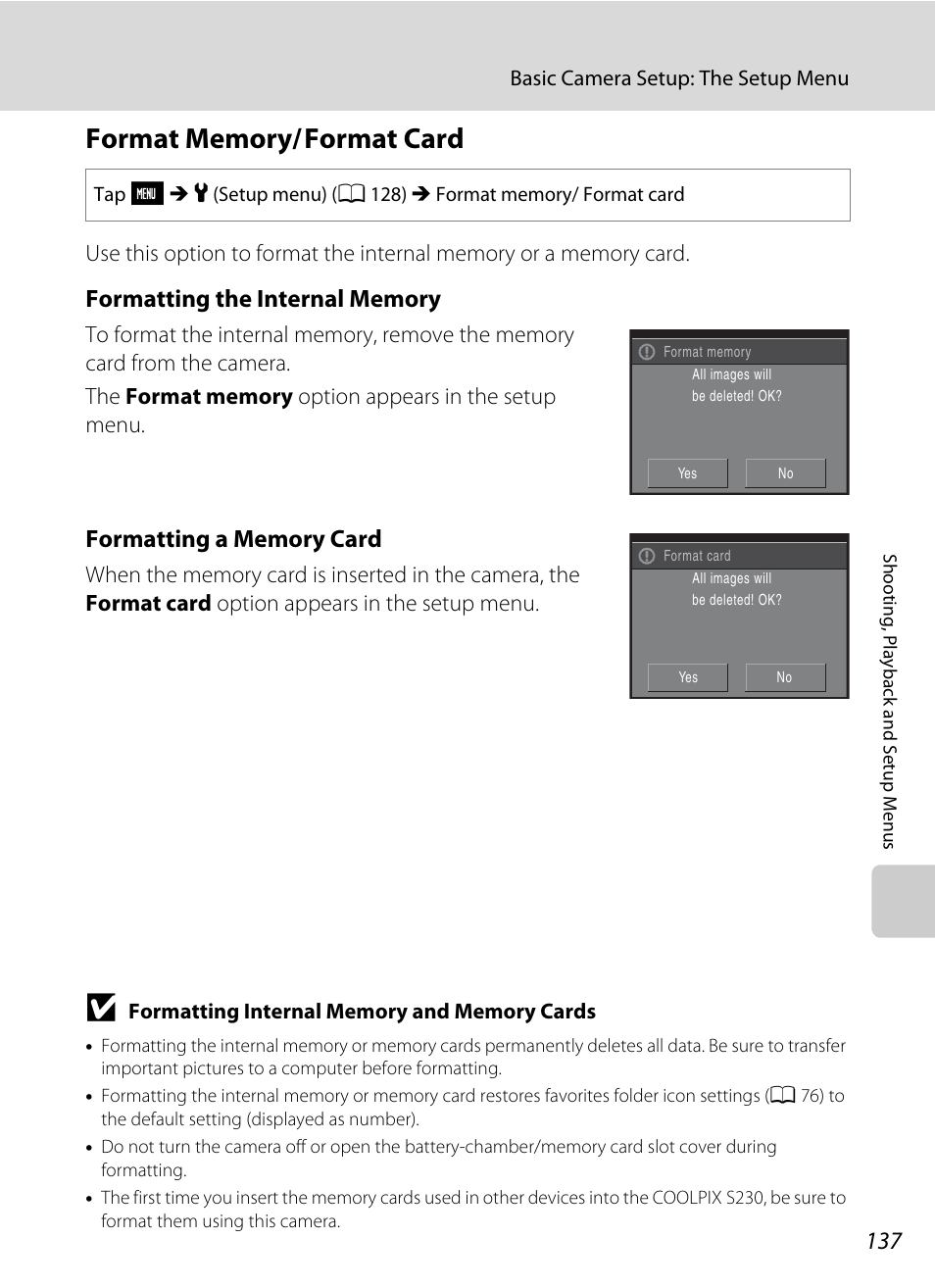 Format memory/ format card, Format memory/format card, A 137) | A 137 | Nikon S230 User Manual | Page 149 / 180