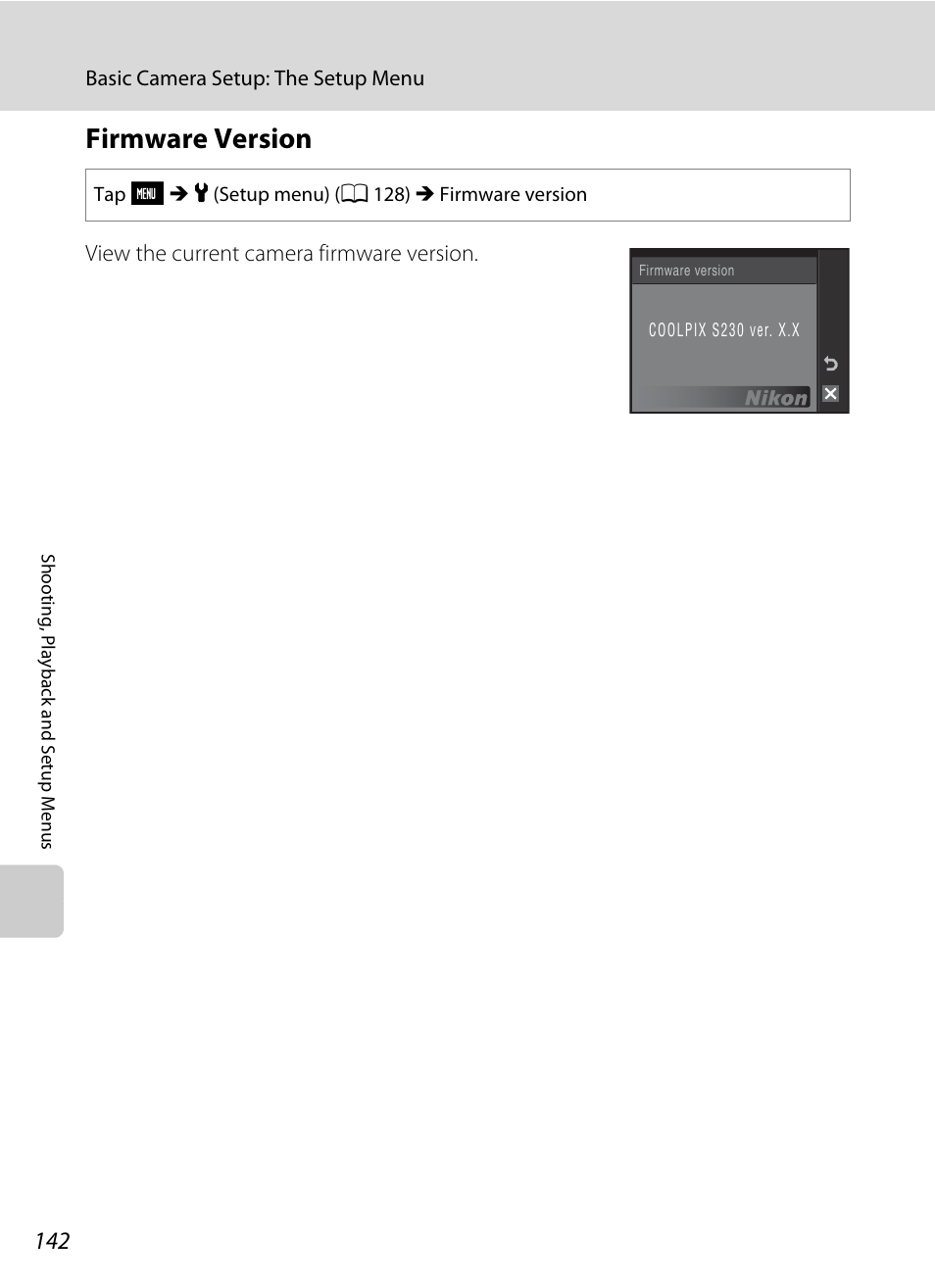 Firmware version, A 142 | Nikon S230 User Manual | Page 154 / 180