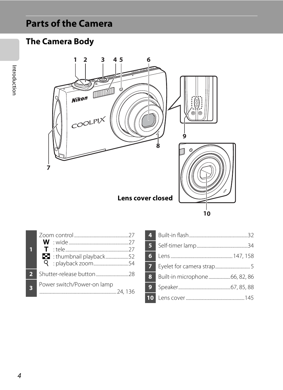 Parts of the camera, The camera body | Nikon S230 User Manual | Page 16 / 180